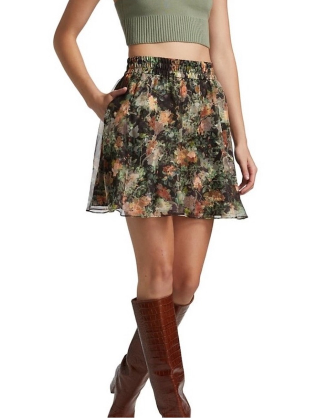NWT💕Alice + Olivia Dionne Floral Crepe Silk organza Mini Skirt, Romance Blk Sz 8